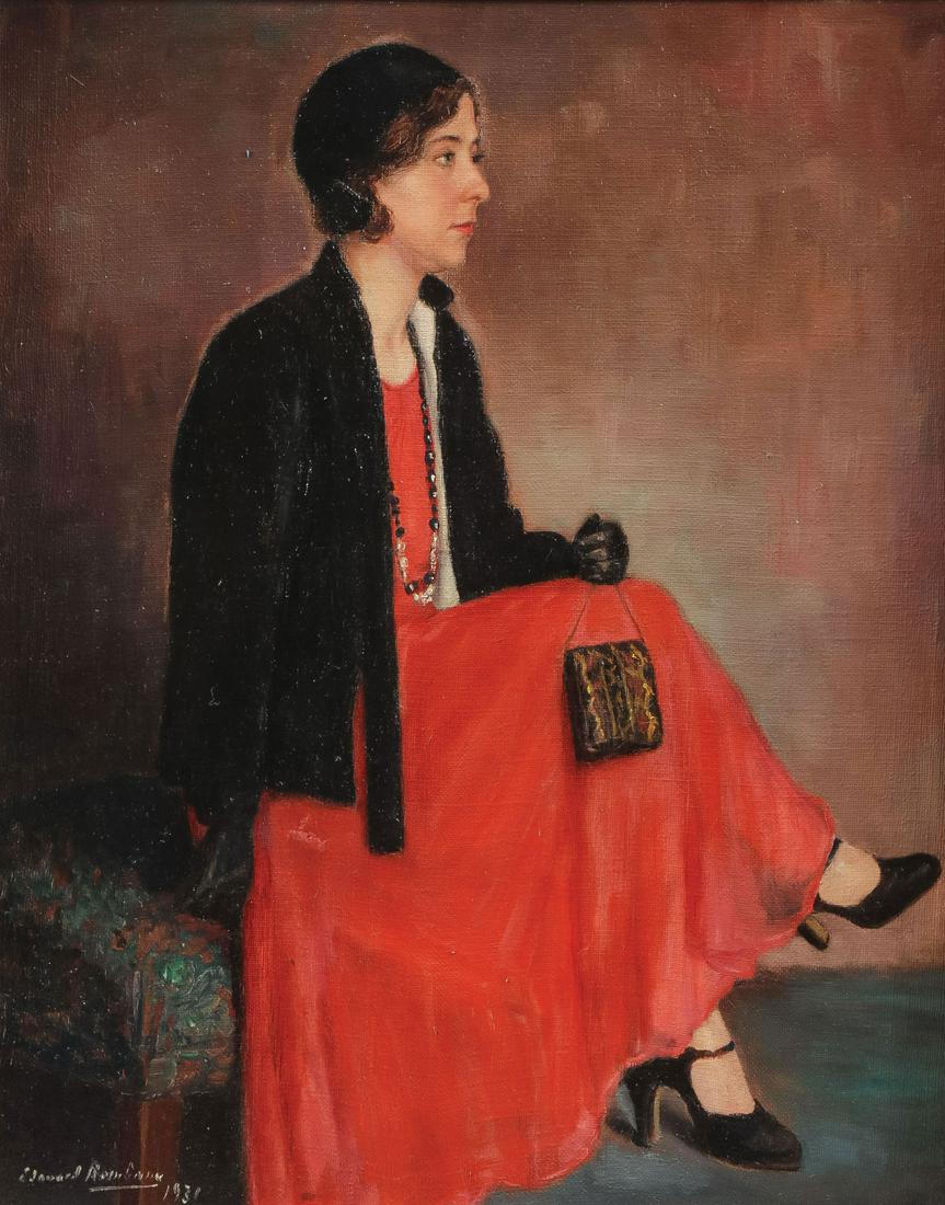 INTERESTING ARTIST SIGNED & DATED PAINTING, 1931: EDOUARD ROMBAUX (Belgian 1899-1987) Portrait of a Young Woman in a Red Dress - 1931 Oil on canvas Signed and dated lower left "Edouard Rombaux 1931" 19.7 inches x 15.75 inches (50 x 40cm). overall mea