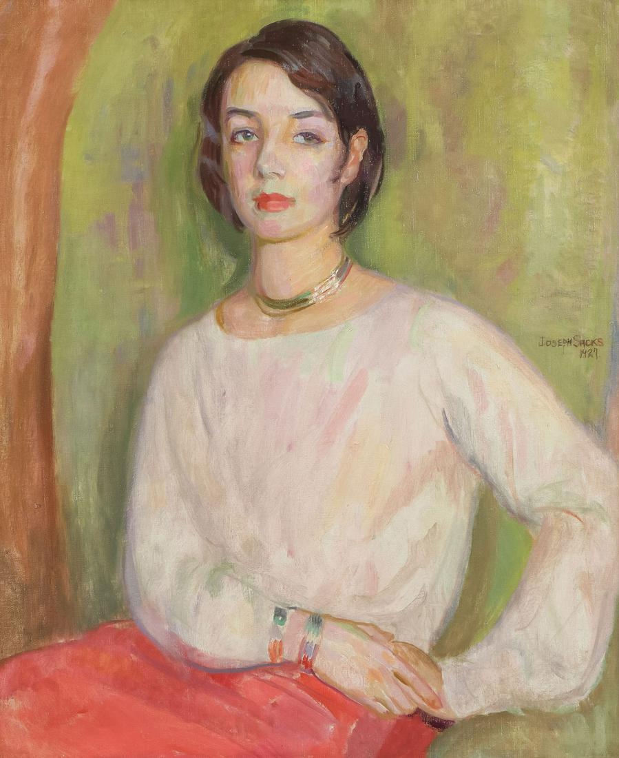 GREAT JOSEPH SACKS PAINTING, DATED 1927: JOSEPH SACKS (American 1887-1974) Portrait of a Seated Young Woman ? 1927 Oil on canvas Signed middle right "Joseph Sacks 1927" 30 inches x 25 inches (76.2 x 63.5cm), overall measurement including fra
