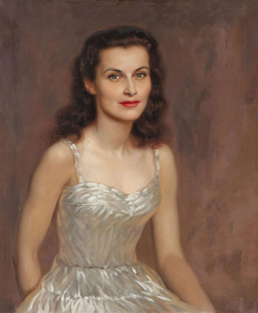 MID-CENTURY DEBUTANTE PORTRAIT: AMERICAN SCHOOL (20th C.) Katie - 1956 Oil on canvas Inscribed on stretcher "Portrait of Katie 1956" 30 inches x 25 inches SHIPPING NOTICE: Jackson's is your sole and on
