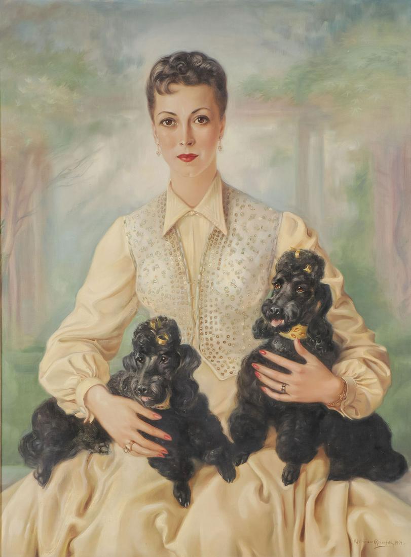 GREAT 1950'S HOLLYWOOD SOCIETY PORTRAIT: ALEXANDER ROSENFELD (American 1905-1995)Portrait of a Woman Holding Poodles ?? Purportedly Actress Deborah Kerr - c. 1954Oil on canvasSigned lower right "Alexander Rosenfeld 1954"40.2 inches x 30 in