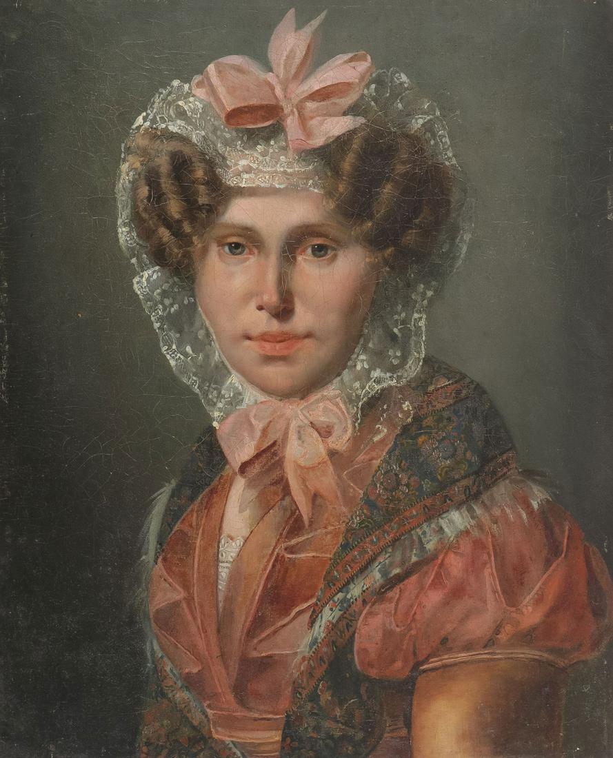 FRENCH PORTRAIT OF WOMAN, C. 1840: Attributed to LOUIS HERSENT (French 1777 - 1860) Portrait of a Young Woman in Lace Bonnet and Shawl Oil on canvas Unsigned 21.25 inches x 17.5 inches (54 x 44.5 cm), unframed