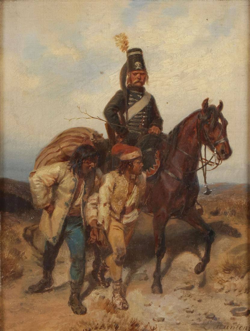 GREAT PRUSSIAN HUSSAR PAINTING, SIGNED: EMIL HÜNTEN (German 1827 - 1902) A Prussian Hussar with Captives Oil on canvas Signed lower right 12.25 inches x 9.5 inches (31.1cm x 24.1cm), contained in vintage gilt wood frame overall measuri