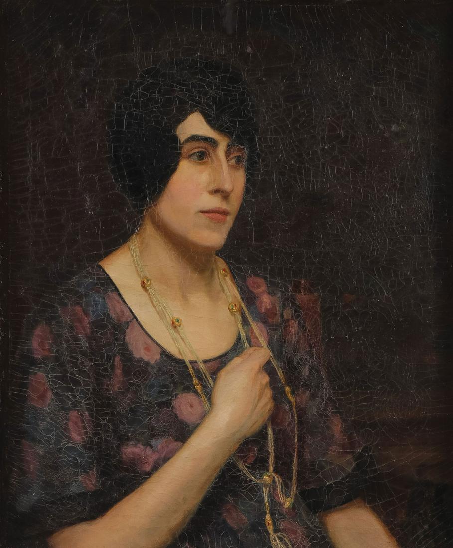 INTERESTING OIL ON CANVAS PORTRAIT, C. 1925: AMERICAN SCHOOL (20th C.) Portrait of a Woman in a Floral Dress and Necklace - c. 1925 Oil on canvas Unsigned 24 inches x 20 inches (61 x 50.8cm), overall measurement including frame 30.75 inches x 26