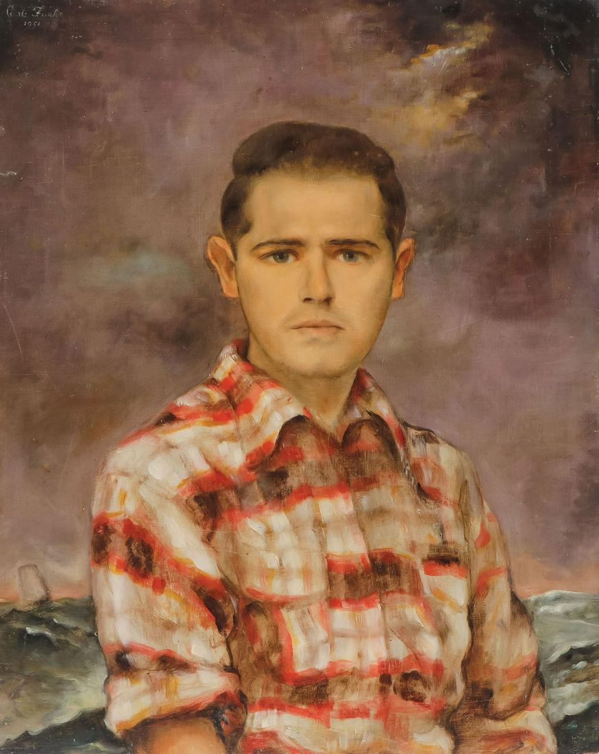 INTERESTING SELF PORTRAIT, DATED 1951: CARL FUCHS (American 1929- ) Self Portrait - 1951 Oil on wood panel Signed and dated upper left "Carl Fuchs 1951" 30 inches x 24 inches (76.2 x 61cm), unframed SHIPPING NOTICE: