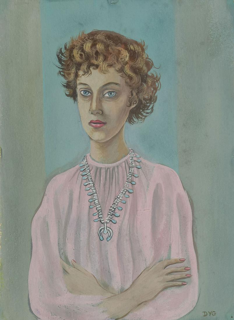 ETHEREAL MID-CENTURY PORTRAIT: DOROTHY YOUNG GRAHAM (American 1922-2001) Self Portrait of the Artist with Turquoise Squash Blossom - c. 1960 Watercolor and gouache on card Initialed lower right DYG 10 inches x 7.3 inches, unframed