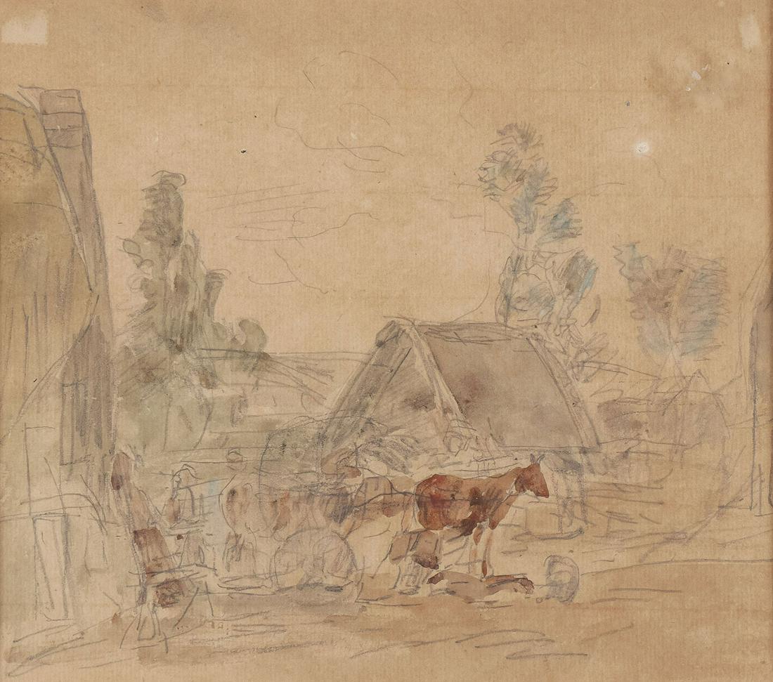 EUGENE BOUDIN WATERCOLOR LANDSCAPE: Attributed to EUGENE LOUIS BOUDIN (French 1824-1898)Farmyard with Animals and Figures Watercolor over pencil on paperUnsigned7.25 inches x 8.25 inches (18.5 x 21cm), contained in a wood glazed frame