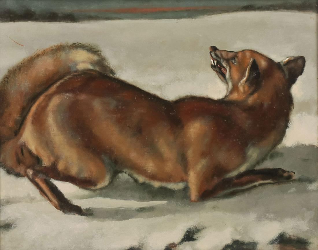 INTERESTING MENACING FOX PAINTING: CONTINENTAL SCHOOL (20th C.)Fox Preparing for Attack - c. 1950Oil on boardUnsigned but inscribed with title on verso16.2 inches x 20 inches (41.1 x 50.8cm), overall measurement including frame 23 inc