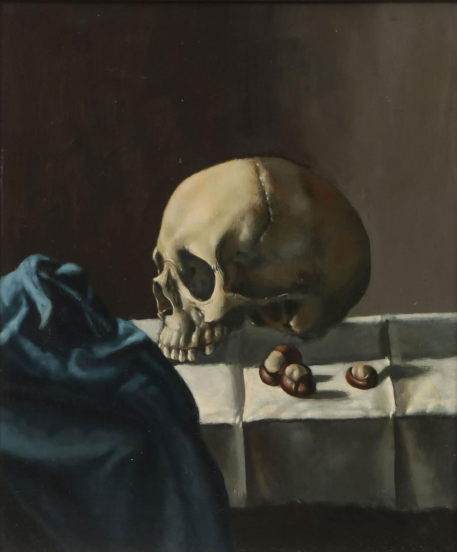 A FINE MEMENTO MORI PAINTING: BRITISH SCHOOL (19th C.)A Memento Mori Still Life With Skull - 1963Oil on boardUnsigned, dated on verso inscribed Bristol 196319.25 inches x 16 inches, contained in a gilt wood frame with linen line