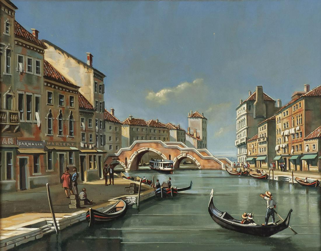 ATTRACTIVE VENTIAN OIL ON CANVAS, C. 1960: CONTINENTAL SCHOOL (20TH C.)The Grand Canal, Venice Oil on canvasApparently Unsigned22 inches x 28 inches (55.9 x 71.1cm), contained in a carved gilt wood frame overall measuring 29.75 inches x 35.75