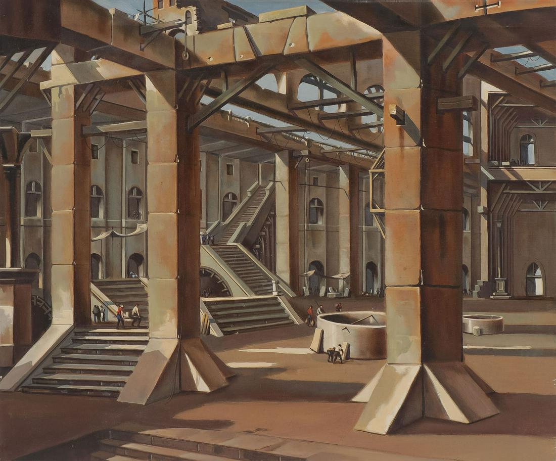 MID-CENTURY INDUSTRIAL PAINTING, C. 1950: EUROPEAN SCHOOL (20th C) Construction Workers Building Cathedral Oil on canvas Apparently Unsigned 25 inches x 30 inches (63.5 x 76.2cm), unframed SHIPPING NOTICE: Jacks