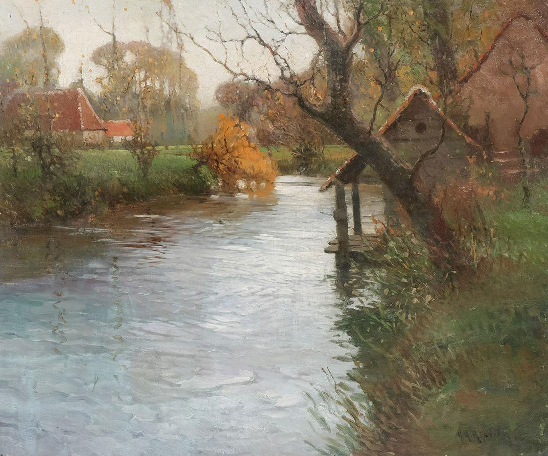 NORMANDY LANDSCAPE BY G.A. ALDRICH, C. 1920: GEORGE AMES ALDRICH (American 1872-1941)Riverscape - Normandy, FranceOil on canvasSigned lower right25 inches x 30 inches, unframedSHIPPING NOTICE:Jackson's is your