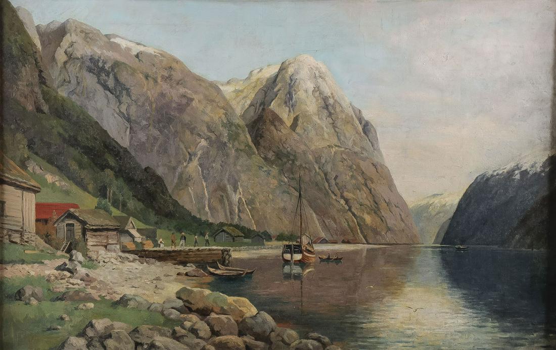 A NORWEGIAN FJORD PAINTING, 19TH C: CONTINENTAL SCHOOL (19TH C.)A Fjord with Figures and Boats Oil on canvasApparently unsigned23 inches x 36 inches, in gilt molded press frame 29.5 inches x 42 inches.SHIPPING NOTICE