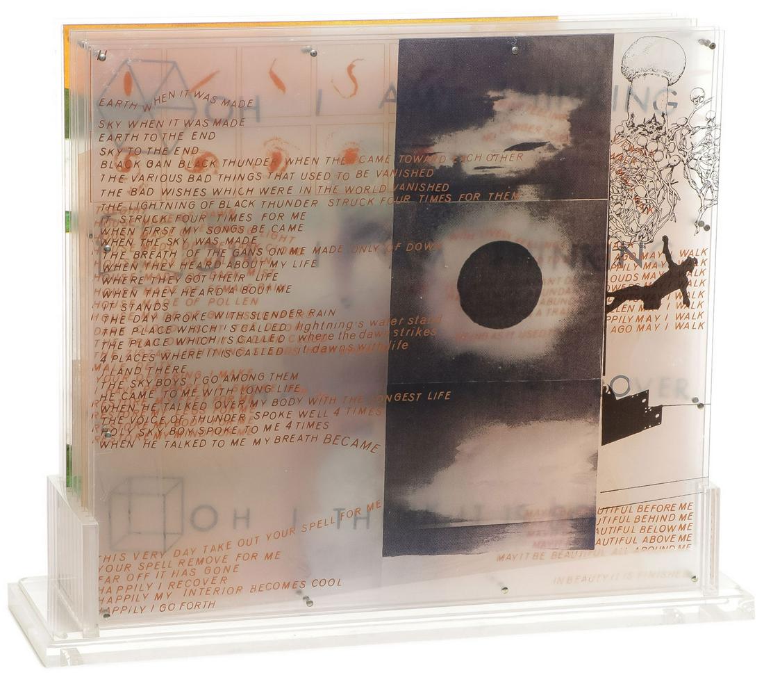 ROBERT RAUSCHENBERG OPAL GOSPEL: ROBERT RAUSCHENBERG (American 1925-2008)Opal Gospel (ten works) - 1971Ten screenprints on clear acrylic panels on lucite base, with engraved steel cover, and original inscribed wood shipping crateCove