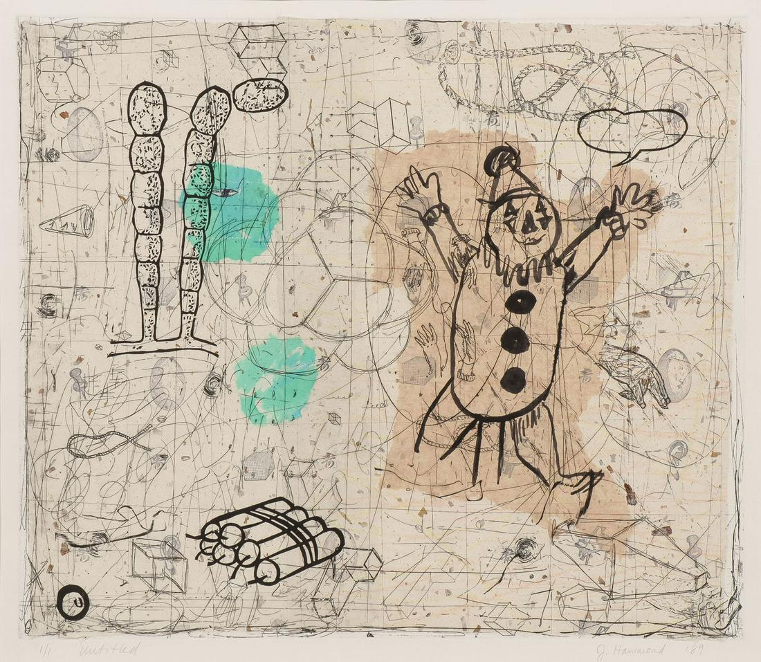 LARGE SIGNED JANE HAMMOND MONOTYPE: JANE HAMMOND (American b .1952 -)Untitled - 1989MonotypePencil signed and dated lower right and titled and editioned 1/1 lower leftImage size 22 inches x 25 inches, contained in a glazed frame overal