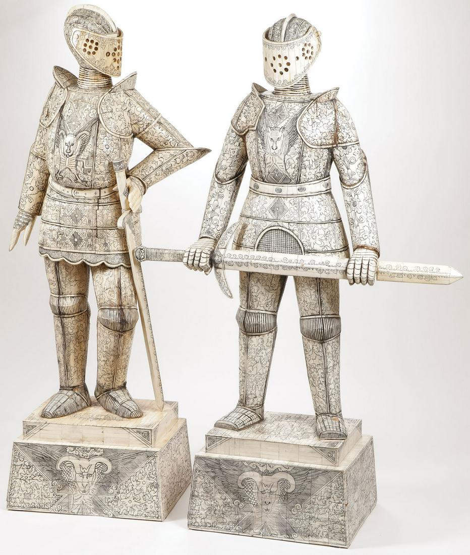 MONUMENTAL CARVED CHINESE WARRIORS: MONUMENTAL CARVED CHINESE WARRIORS. Comprising a pair of three quarter life-size carved and laminated bone warrior figures, each attired in elaborate armor and holding a sword, resting on a stepped ba