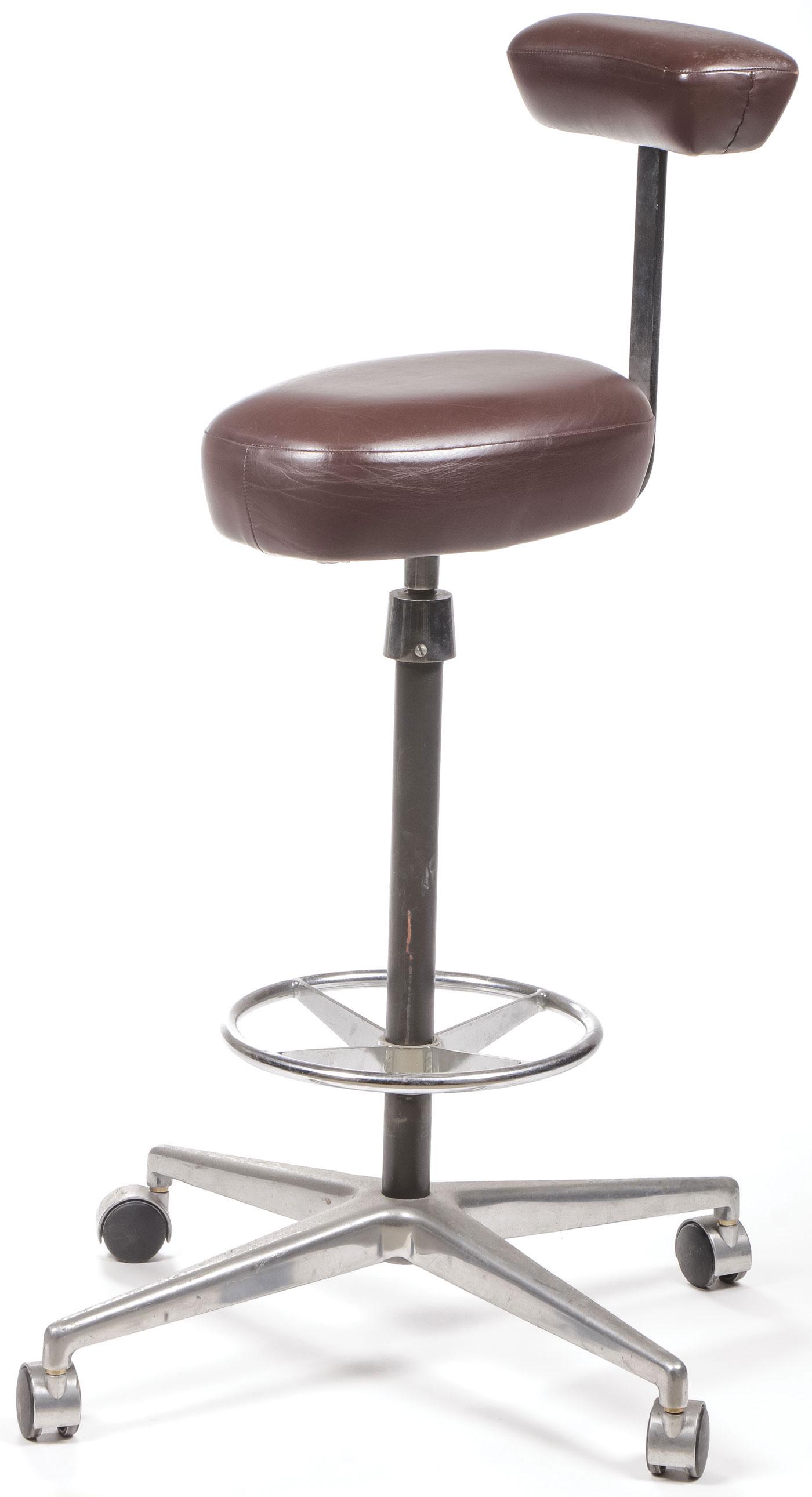 GEORGE NELSON FOR HERMAN MILLER PERCH STOOL: GEORGE NELSON FOR HERMAN MILLER PERCH STOOL. Upholstered in brown leather. Height 41 inches. SHIPPING NOTICE: Jackson's is your sole and only source for one stop packing and shipping. With over 50 yea