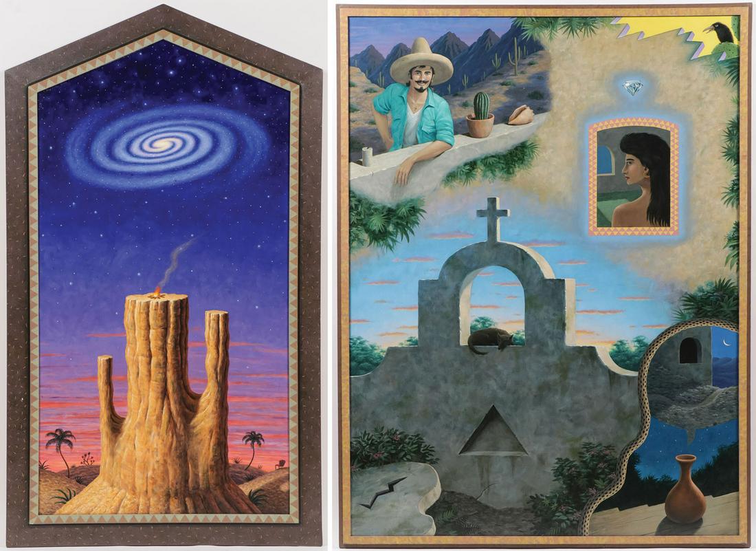 2 SIGNED ORIGINAL MODERN PAINTINGS, DOUG SHELTON: DOUG SHELTON (American b. 1945 - ) Our Galaxy and Serenade - a pair of paintings - 1985 Acrylic on canvas Both signed and titled on verso, signed and dated lower right Overall including frame measurin