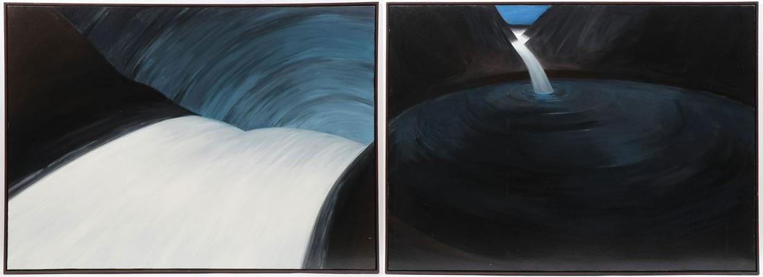 TWO GOOD ORIGINAL MODERN PAINTINGS, THEOBALD: GILLIAN THEOBALD (American b. 1944 -) Dark Pool and Falls - 1986, a pair of paintings Enamel on canvas Signed and dated on verso Each approximately 49 inches x 67 inches, contained in matching wood fr