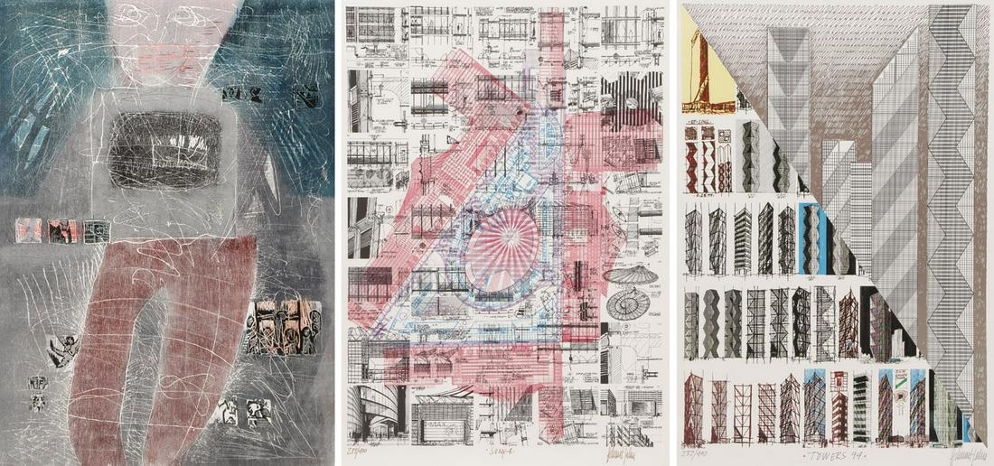 LARGE SIGNED MODERN ABSTRACT ART PRINTS: LARGE SIGNED MODERN ABSTRACT ART PRINTS. Comprising three large modern art prints including a 1984 woodcut by Jeanine Ryding (American b. 1948 -) titled "Art Historian Crazed by Video," pencil signed,