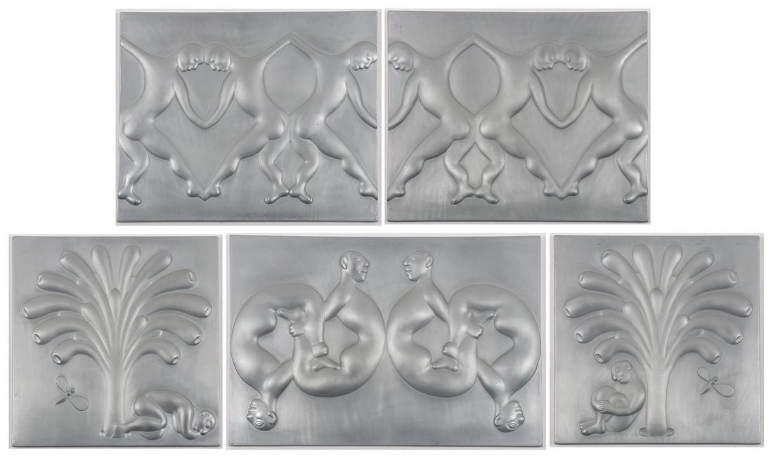ORIGINAL MODERN RELIEF SCULPTURE: ANN PRESTON (American b. 1942 -) Expulsion Five-piece zinc-coated fiberglass molded relief sculpture Apparently unsigned The central panel 25 inches x 36 inches, the interior side panels 25 inches x 3