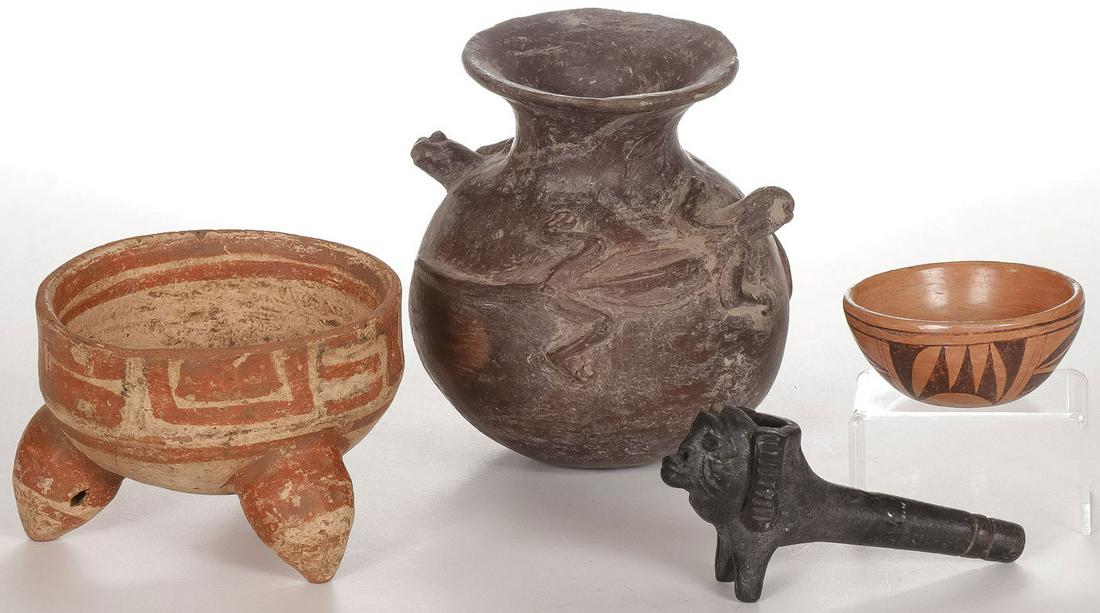 MIXED ARCHAIC STYLE POTTERY GROUP: MIXED ARCHAIC STYLE POTTERY GROUP. Comprising three individual pieces including a lizard jar, a three footed polychrome bowl, an anthropomorphic pipe, and a Hopi polychrome bowl. Ages unknown. Greates