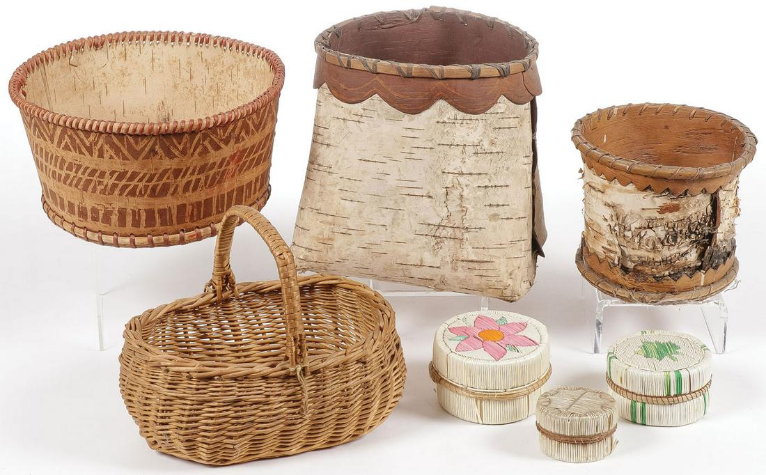 NATIVE AMERICAN BASKETRY GROUP: NATIVE AMERICAN BASKETRY GROUP. Comprising seven individual pieces including three quill decorated covered boxes, two birch baskets, and others as shown. Greatest measurement 7.5 inches. SHIPPING NOTI