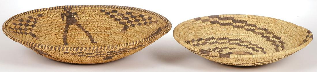 PAPAGO WOVEN TRAYS, C. 1920: PAPAGO WOVEN TRAYS, C. 1920. The largest with humanoid figures and the other with stepped spiral, greatest diameter 13.5 inches. SHIPPING NOTICE: Jackson's is your sole and only source for one stop pa