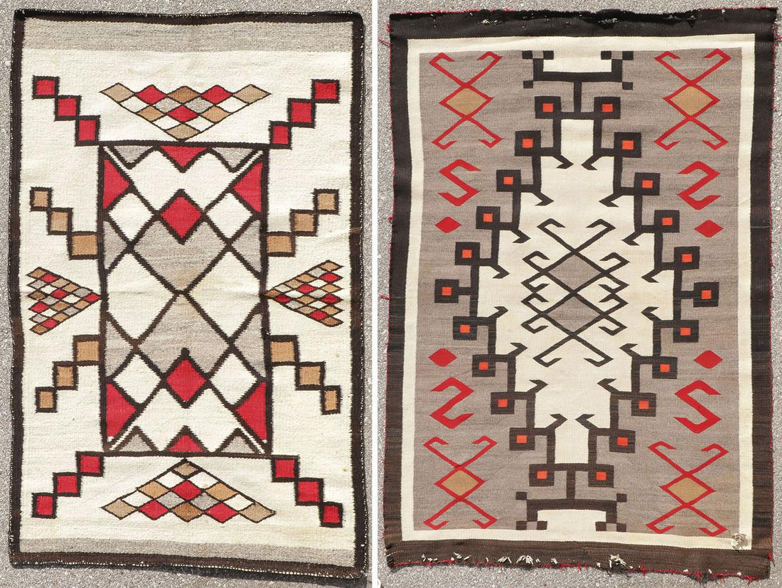 PAIR OF NAVAJO THROW SIZE RUGS: PAIR OF NAVAJO THROW SIZE RUGS. Comprising a circa 1920 Ganado in brown, cream, gold, grey, and red, having a square central medallion embellished with repeating diamond pattern throughout, 56.5 inche