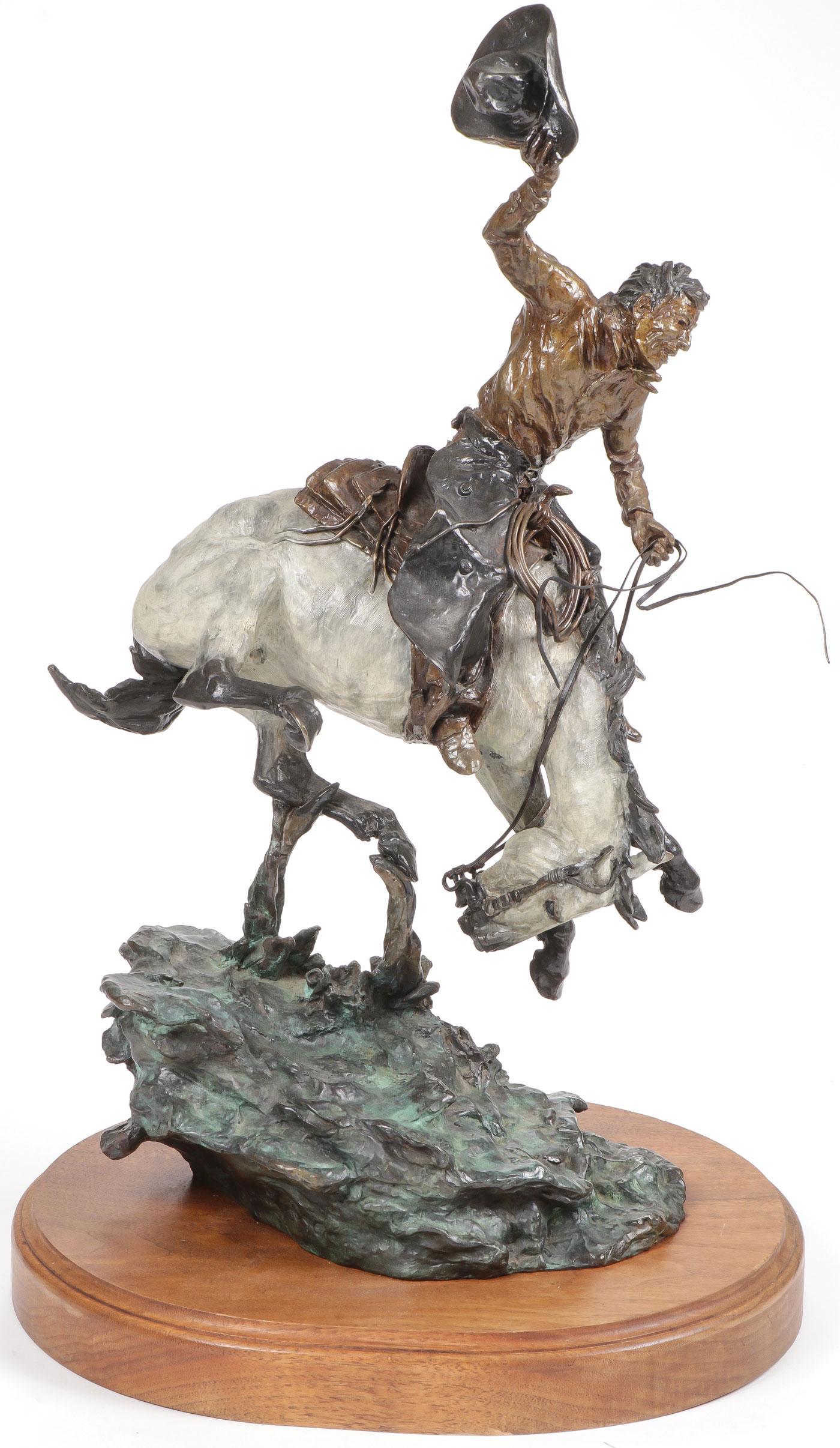 GREAT COWBOY BRONZE, JAY CONTWAY: JAY CONTWAY (American 1935 - 2019) Bronc Rider - 1976 Cold painted bronze Signed, dated and numbered on base 21-30 Height 21.25 inches (excluding walnut base) SHIPPING NOTICE:<