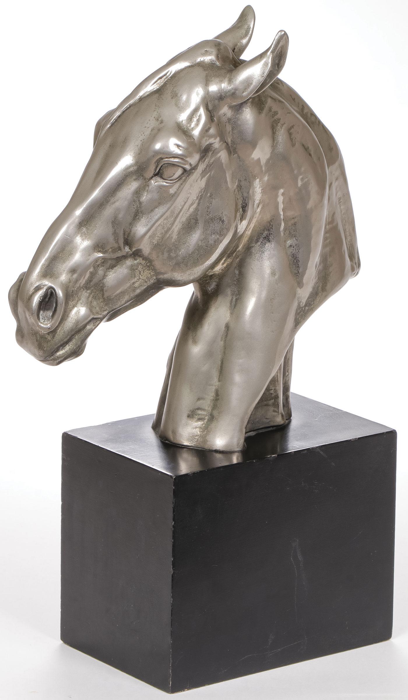 ALBERT HUSSMANN LIPPIZANER HORSE SCULPTURE: ALBERT HUSSMANN LIPPIZANER HORSE SCULPTURE. Comprising a metal clad sculpted bust of a Lipizzaner Horse designed in 1938 by Albert Hussmann (German 1874 - 1946), with cast signature on verso "Albert H