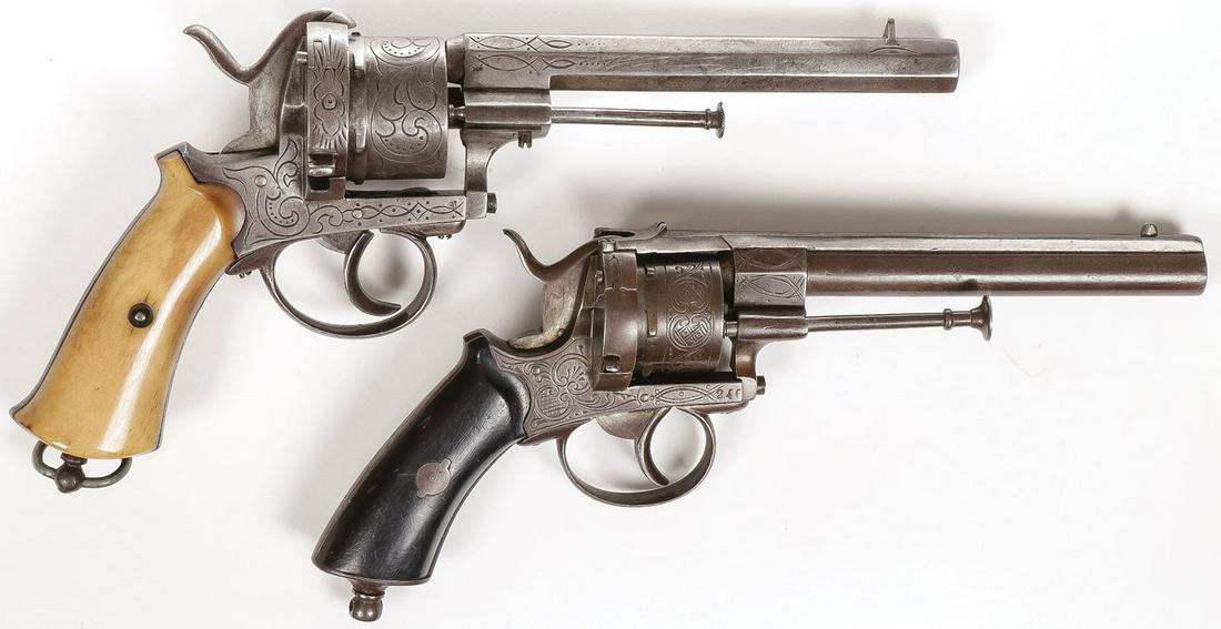 PAIR OF PINFIRE REVOLVERS: PAIR OF PINFIRE REVOLVERS. Both with engraved frames and cylinders, one with bone grips in .44 cal, the other with wood grips plates in .38 cal. Numbered 256. Both apparently unmarked. Both hold a coc