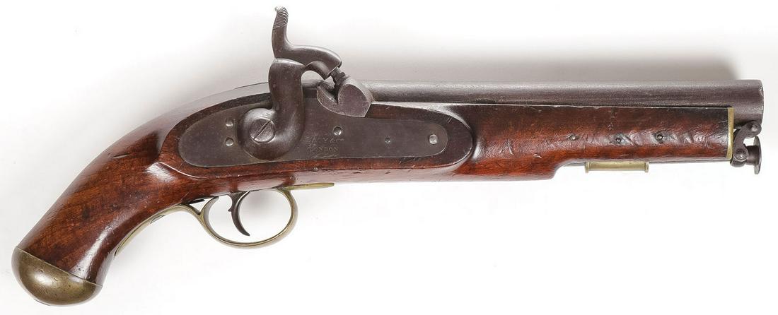 BRITISH PERCUSSION CAVALRY PISTOL C. 1840: BRITISH PERCUSSION CAVALRY PISTOL C. 1840. Heavy duty contract pistol with 9-inch barrel fitted with typical swivel ramrod and brass fittings. Lock plate marked LACY & Co. LONDON. Takes a cock and fir