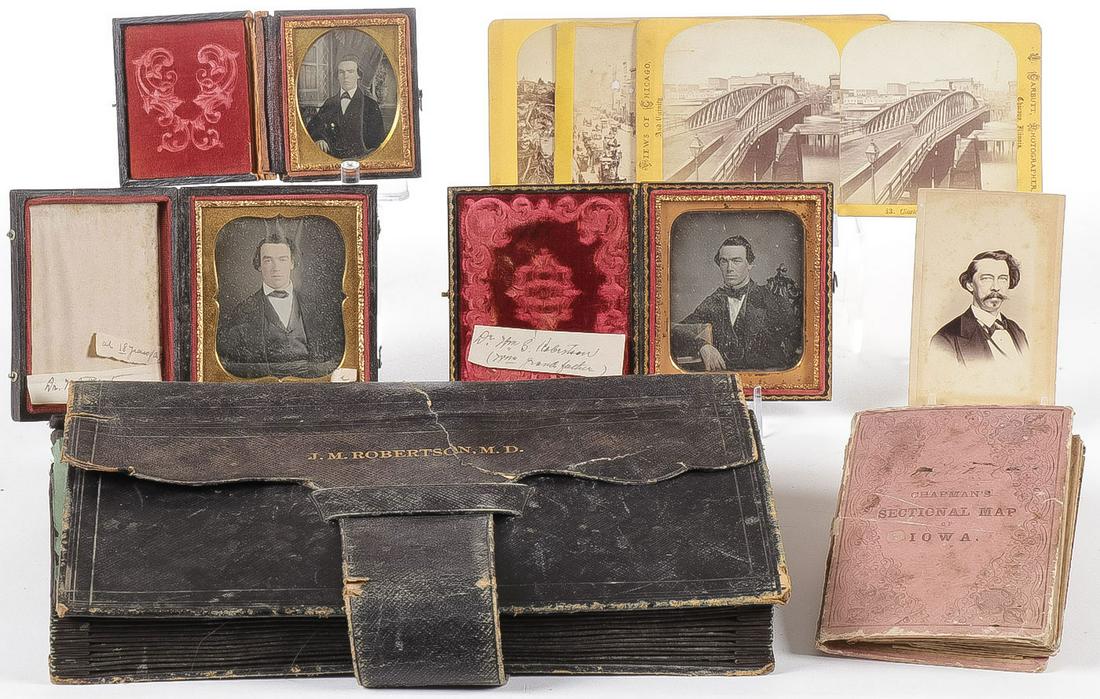 CHAPMAN'S SECTIONAL MAP OF IOWA, 1865 & PHOTOS: CHAPMAN'S SECTIONAL MAP OF IOWA, 1865 & PHOTO ARCHIVE. Comprising an archive from early Iowa doctor, James Moore Robertson, MD (1804-1878) featuring a very fine 1865 edition of CHPMAN'S SECTIONAL MAP