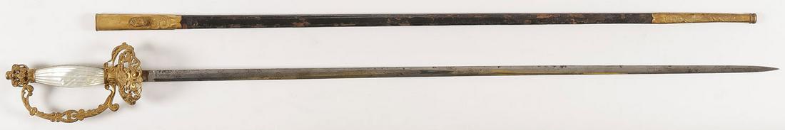 A BELGIAN GOVERNMENT OFFICIAL'S SWORD, 19TH C: A BELGIAN GOVERNMENT OFFICIAL'S SWORD, 19TH C. With etched double edged tapering blade marked "Dubois & Fils Brussels" with gilt bronze pierced basket guard, mother of pearl grips and ornate pierced p