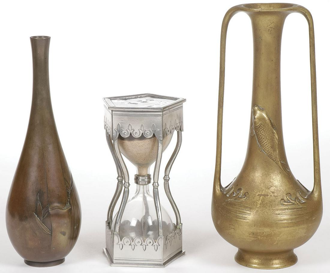 BRONZE VASEs & HOURGLASS: BRONZE VASEs & HOURGLASS. Comprising two Asian bronze vases, one missing base and one with goldfish decoration. Together with a pewter framed hourglass with spurious marks on base. Greatest height 10.
