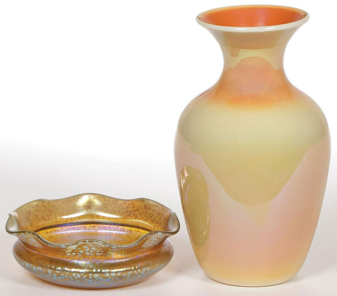 IRIDESCENT ART GLASS VASE & BOWL: IRIDESCENT ART GLASS VASE & BOWL. Comprising a Loetz Czechoslovakia gold iridescent bowl, signed in Loetz Czecho-Slovakia fashion on underside, diameter 5.4 inches, and an unmarked yellow to orange ir