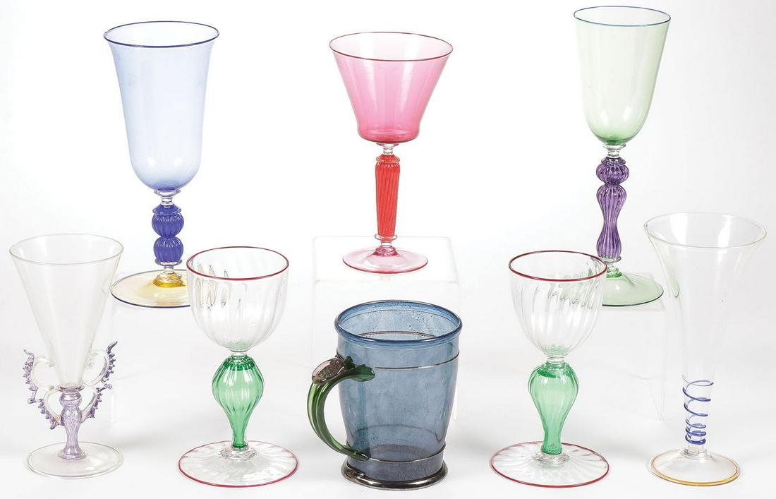 INTERESTING GROUP VINTAGE GLASS STEMWARE, 19th C: INTERESTING GROUP VINTAGE GLASS STEMWARE, 19th C. Comprising eight individual items, including seven glass goblets of various design, two matching with applied lilac embellishments as illustrated, tog