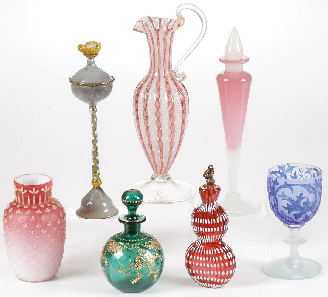 INTERESTING VICTORIAN ART GLASS GROUP: INTERESTING VICTORIAN ART GLASS GROUP. Comprising seven individual items including a unique blue, yellow, and grey perfume on tall stemmed footed base with flower form stopper, a pink and white ribbon