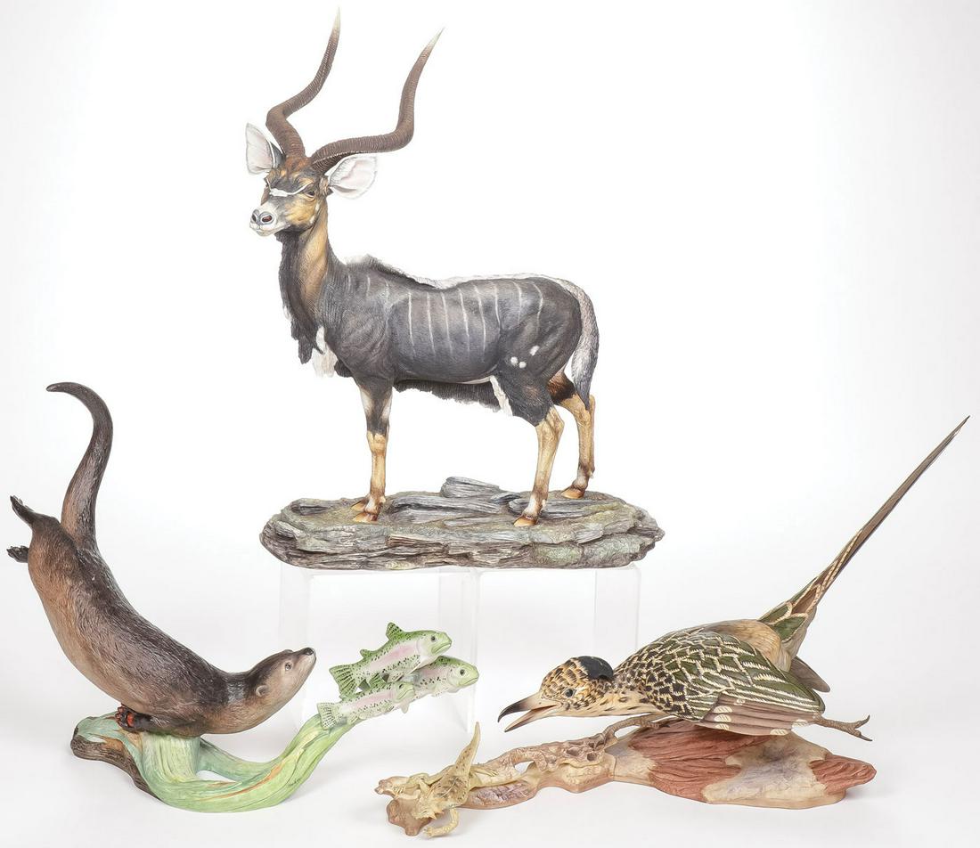 BOEHM OTTER, ROAD RUNNER, & KUDU: BOEHM OTTER, ROAD RUNNER, & KUDU. Each in good condition with no signs of damage or repair, the road runner complete with horned lizard on branch, greatest measurement (height of Kudu) 18.5 inches. SH