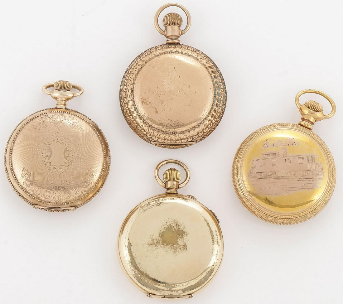 FOUR GOLD FILLED POCKET WATCHES: FOUR GOLD FILLED POCKET WATCHES. Top center, a hunt case Hamilton serial number 58422 verso of case with engraved horse drawn steam firewagon, mid left another hunt case Hamilton serial number 205094,