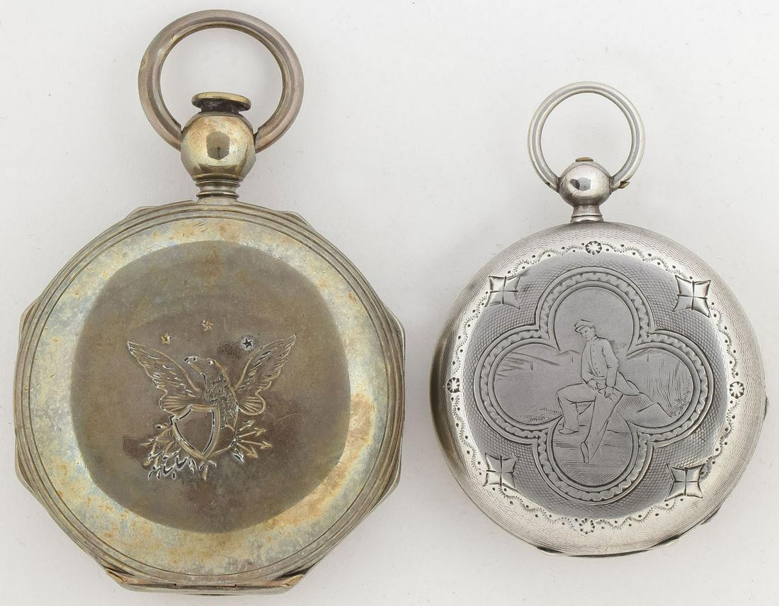 TWO KEY WIND PATRIOTIC POCKET WATCHES: TWO KEY WIND PATRIOTIC POCKET WATCHES. Comprising a large and heavy coin silver hunt case engraved with American Eagle the movement marked P.L. Bartlett and the enamel dial marked American Watch Co. D