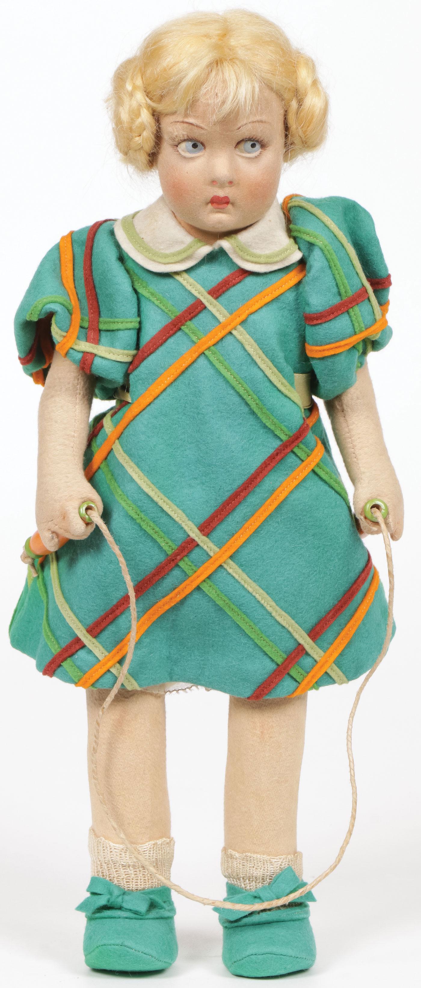 LENCI JUMP ROPE GIRL DOLL: LENCI JUMP ROPE GIRL DOLL. In original costume with both the original cloth and paper label. Height 14 inches. SHIPPING NOTICE:Jackson's is your sole and only source for one stop packing and shippin