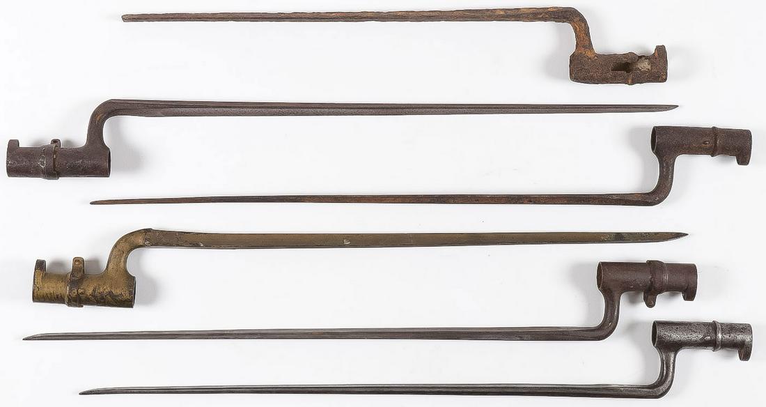 SIX CIVIL WAR SOCKET BAYONETS: SIX CIVIL WAR SOCKET BAYONETS. In various states of condition. Two examples exhibit clear US stamp. Greatest length 21 inches. SHIPPING NOTICE: Jackson's is your sole and only source for one stop