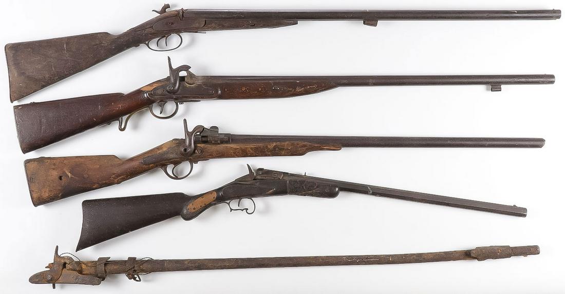 FOUR RELIC GUNS AND BARREL: FOUR RELIC GUNS AND BARREL. Comprising two percussion muskets, a double barrel shotgun, a single shot .22 and a lock and barrel stamped with US eagle. Greatest overall length 49.5 inches.SHIPPING NOT
