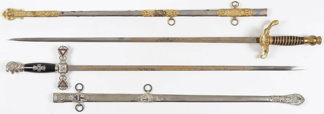 PAIR OF VINTAGE FRATERNAL SWORDS: PAIR OF VINTAGE FRATERNAL SWORDS. Comprising a pair of finely crafted fraternal swords including a good Odd Fellows sword with gilt hardware, nickel plated scabbard, named and etched blade, maker's ma