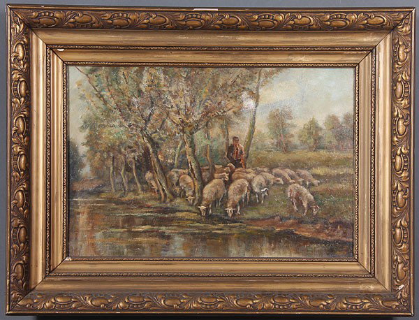ORIGINAL OIL PAINTING: ORIGINAL OIL PAINTING, Continental School (circa 1920), Sheep Watering, oil on canvas, circa 1920's, 15.75 inches x 23.75 inches (40.4 x 60 cm).
