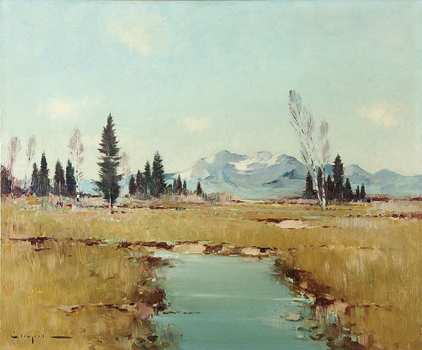 ALPINE OIL PAINTING: ALPINE OIL PAINTING, German School (20th century), Mountain Meadow in Spring, oil on canvas, indistinguishably signed lower left. 19.75 inches x 23.75 inches (50.2 x 60.3 cm).