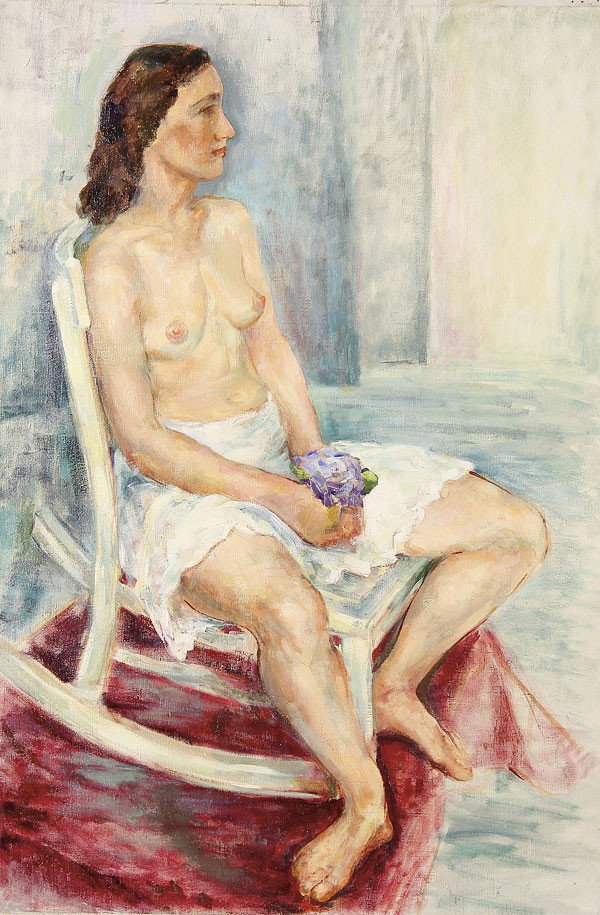 WPA STYLE FEMALE NUDE PAINTINGS: WPA STYLE FEMALE NUDE PAINTINGS. A group of four oil on canvas female nude studies, American School (circa 1935); One of a woman seated in a rocking chair holding flowers, verso inscribed Funk 33.5 in