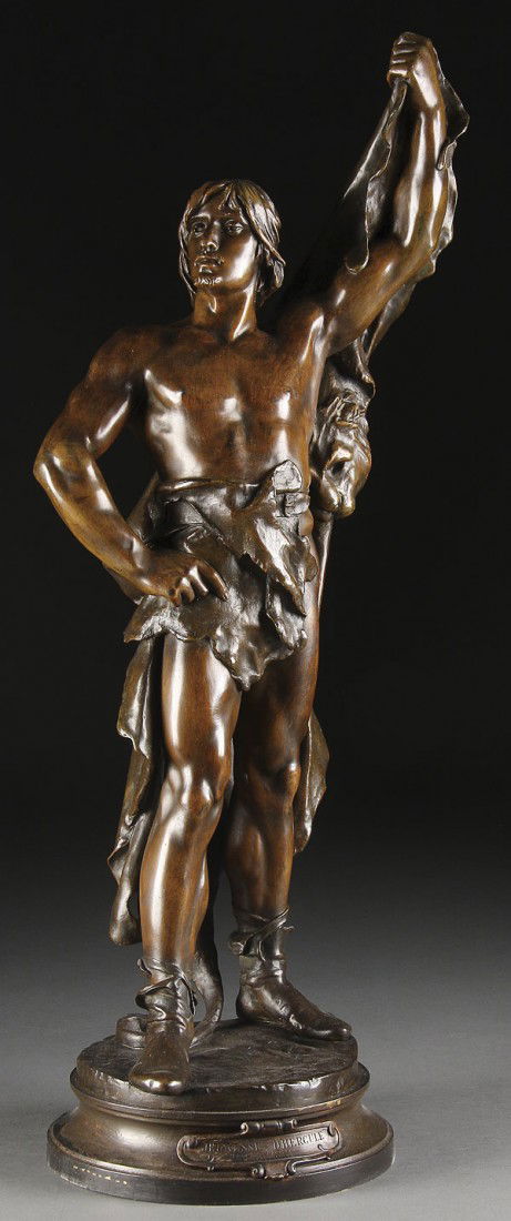 FRENCH BRONZE SCULPTURE: EUGENE MARIOTON (FRENCH 1854-1933) JEUNESSE D'HERCULE-The Young Hercules. Bronze with dark brown patina, inscribed on base "Eug. Marioton" and with integral title plaque. Height 29.5 inches.
