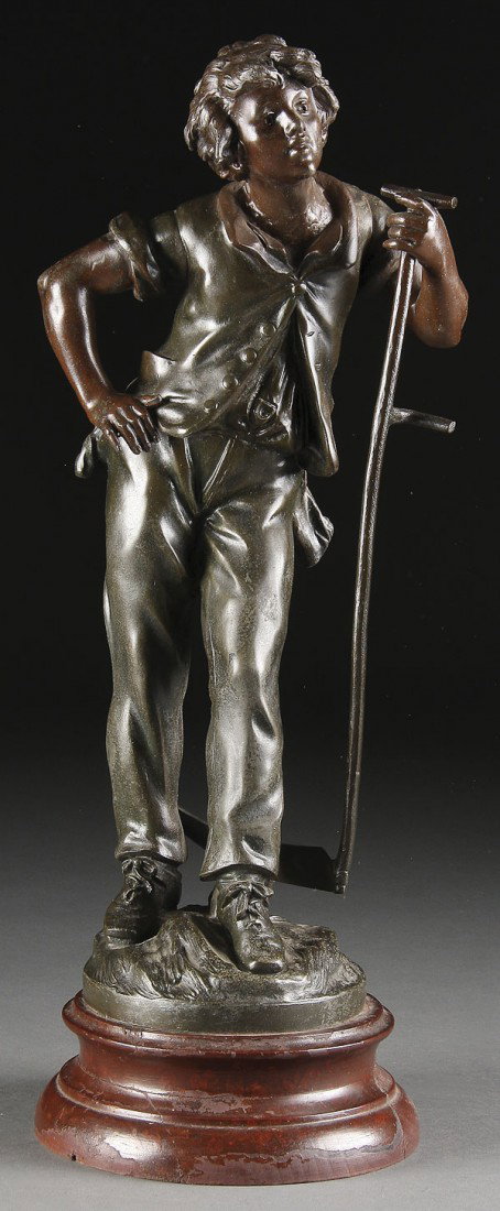 AFTER LOUIS AND FRANCOIS MOREAU: AFTER LOUIS AND FRANCOIS MOREAU (French 19th century), "Autumn", a cast metal patinated bronze figure of a young boy with side inscribed on base Moreau, the verso with mounts for a lamp fixture. Heigh